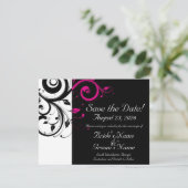 Schwarz, Weiß, Fuchsia Swirl Hochzeit Sichern Sie Save The Date (Stehend Vorderseite)