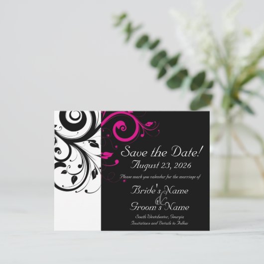Schwarz, Weiß, Fuchsia Swirl Hochzeit Sichern Sie Save The Date (Stehend Vorderseite)