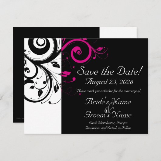 Schwarz, Weiß, Fuchsia Swirl Hochzeit Sichern Sie Save The Date (Vorne/Hinten)