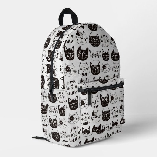 Schwarz-Weiß-Funny Cat Faces Muster Bedruckter Rucksack (Rückseitige Ecke links)