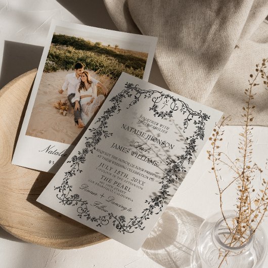 Schwarz-Weiß-Garten-Wald-Monogramm-Hochzeit Einladung