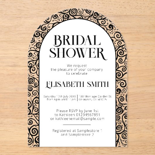 Schwarz-Weiß-Geblüht Brautparty Acryleinladungen (Vorderseite)