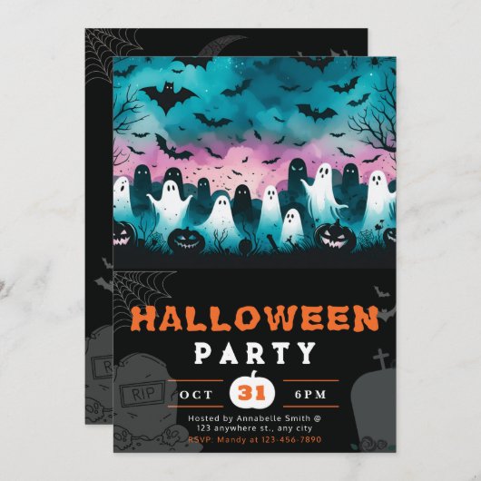 Schwarz-Weiß-Geister-Friedhof Creepy Sky Halloween Einladung (Vorne/Hinten)