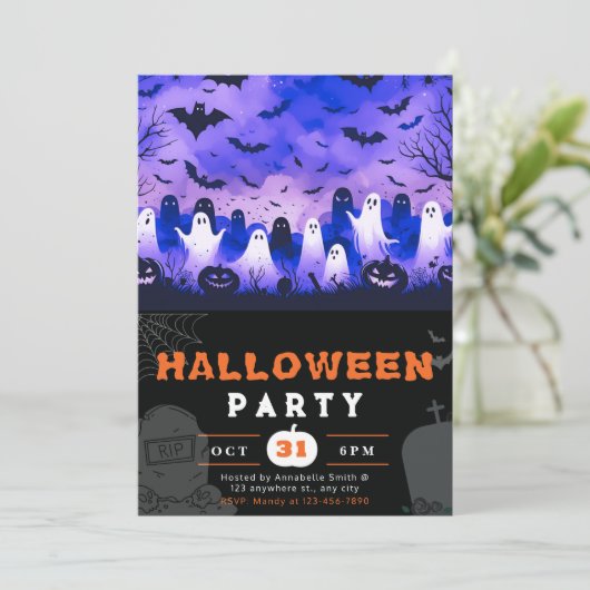 Schwarz-Weiß-Geister-Friedhof Creepy Sky Halloween Einladung (Stehend Vorderseite)