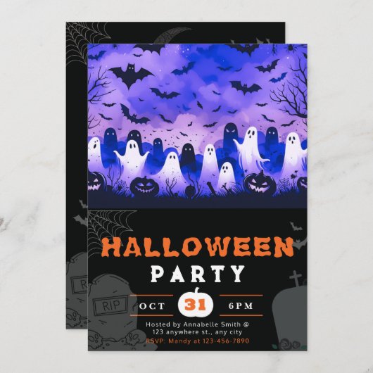 Schwarz-Weiß-Geister-Friedhof Creepy Sky Halloween Einladung (Vorne/Hinten)