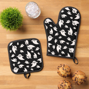 Schwarz-Weiß-Geister-Muster Halloween Ofenhandschuh & Topflappen-Set