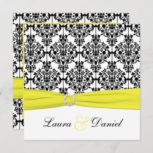 Schwarz, Weiß, Gelbe Damast Einladung zur Hochzeit (Vorne/Hinten)