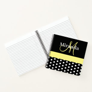 Schwarz-weiß-Gelbe Monogram-Script-Polka-Punkte Notizblock