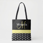 Schwarz-weiß-Gelbe Monogram-Script-Polka-Punkte Tasche (Vorderseite)