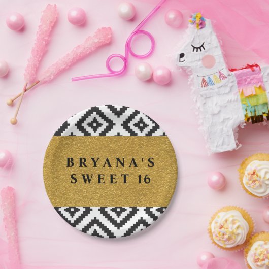 Schwarz-Weiß-Geometrie-Gold Moderne Party-Teller Pappteller (Party)