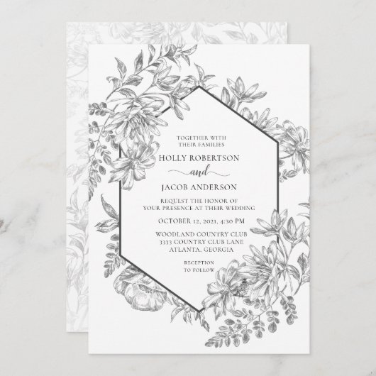 Schwarz-Weiß-Geometrische Blumenhochzeit Einladung (Vorne/Hinten)