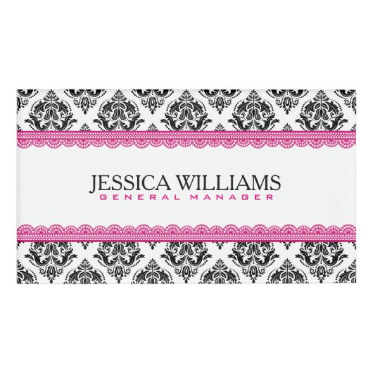 Schwarz-Weiß-Geometrische Damasken rosa Spitzenakz Namenschild (Vorderseite)
