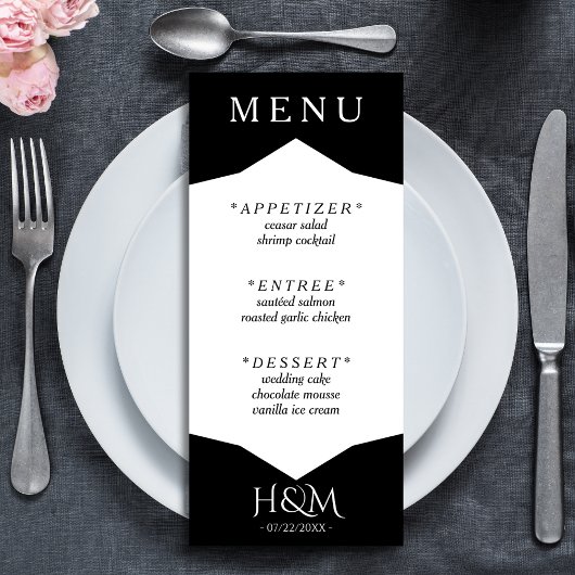 Schwarz-Weiß-Geometrisches Abendessen Hochzeitsemp Menükarte