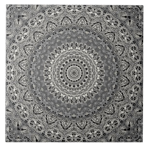 Schwarz-Weiß geometrisches Mandala-Muster Fliese