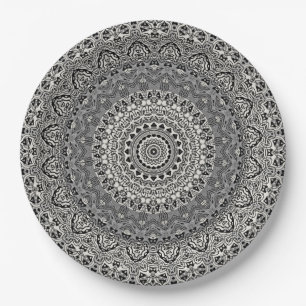 Schwarz-Weiß geometrisches Mandala-Muster Pappteller