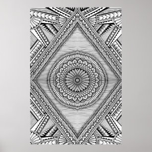 Schwarz-Weiß-Geometrisches Mandala-Stammmuster Poster