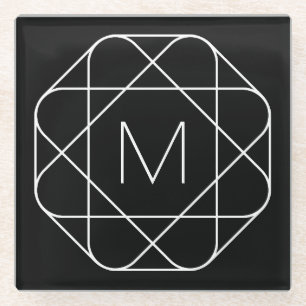 Schwarz-weiß geometrisches Monogramm Glasuntersetzer