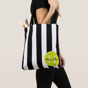Schwarz-weiß gestreift mit Limettengrünem Monogram Tasche