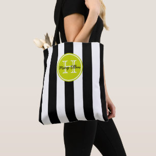Schwarz-weiß gestreift mit Limettengrünem Monogram Tasche