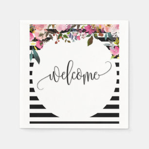 Schwarz-weiß gestreifte Blumen-Papier-Cocktailserv Serviette