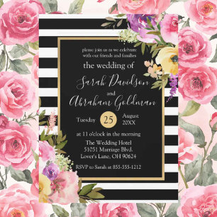 Schwarz-Weiß gestreifte Blumen Rosen Hochzeit Einladung