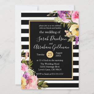 Schwarz-Weiß-Gestreifte Blumen Rosen Hochzeit  Einladung