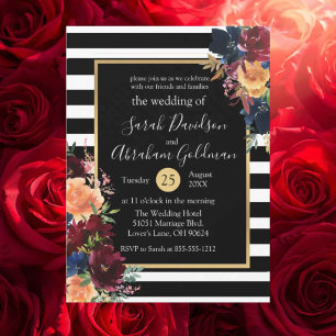 Schwarz-Weiß gestreifte Blumen Rot Navy Hochzeit  Einladung