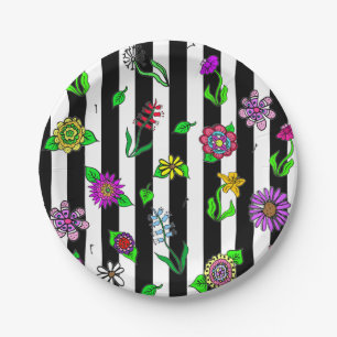 Schwarz-weiß gestreifte Floral Pappteller