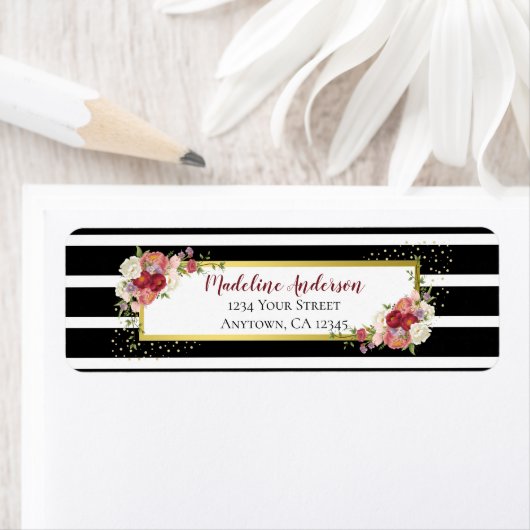 Schwarz-weiß gestreifte florale Gold-Rücksendeadre (Insitu)