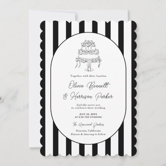 Schwarz-weiß gestreifte geschweifte Hochzeitseinla Einladung (Vorderseite)