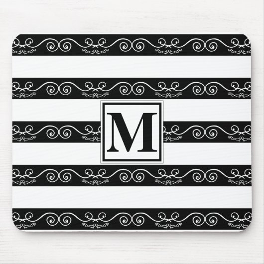Schwarz-weiß gestreifte Monogramm-Konstruktion Mousepad (Vorne)