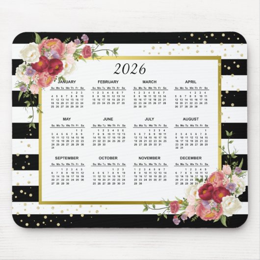 Schwarz-weiß gestreiftes Blumengold - Kalender 202 Mousepad (Vorne)