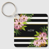 Schwarz-weiß gestreiftes Blumengold Personalisiert Schlüsselanhänger (Vorderseite)