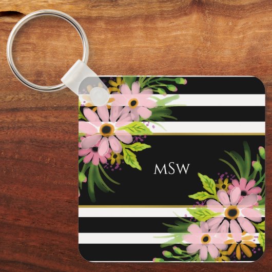Schwarz-weiß gestreiftes Blumengold Personalisiert Schlüsselanhänger (Vorderseite)