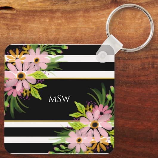 Schwarz-weiß gestreiftes Blumengold Personalisiert Schlüsselanhänger (Rückseite)