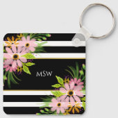 Schwarz-weiß gestreiftes Blumengold Personalisiert Schlüsselanhänger (Rückseite)