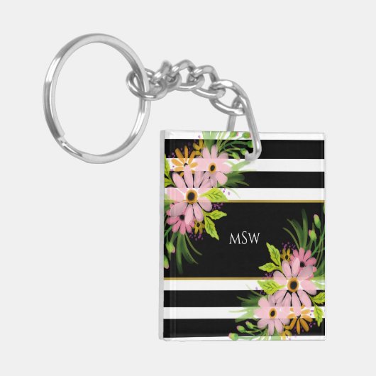 Schwarz-weiß gestreiftes Blumengold Personalisiert Schlüsselanhänger (Vorderseite links)
