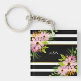 Schwarz-weiß gestreiftes Blumengold Personalisiert Schlüsselanhänger