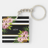 Schwarz-weiß gestreiftes Blumengold Personalisiert Schlüsselanhänger (Rückseite)