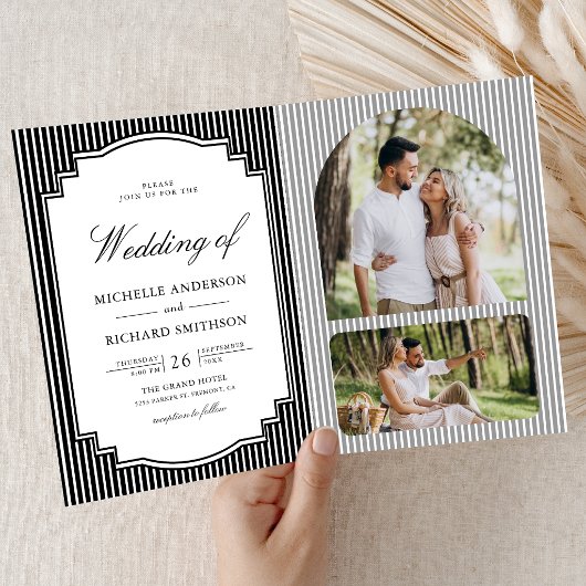 Schwarz-Weiß gestreiftes Foto QR-Code Hochzeit Einladung