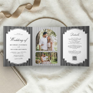 Schwarz-Weiß gestreiftes Hochzeitsfoto mit QR-Code Dreifach Gefaltete Einladung