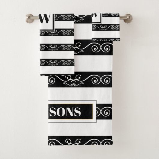Schwarz-weiß gestreiftes Monogramm Badhandtuch Set (Insitu)