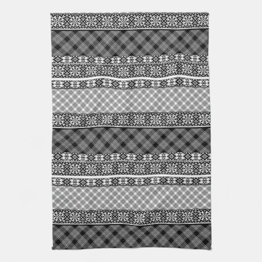 Schwarz-weiß gestreiftes Patchwork mit Spitze Geschirrtuch (Vertikal)