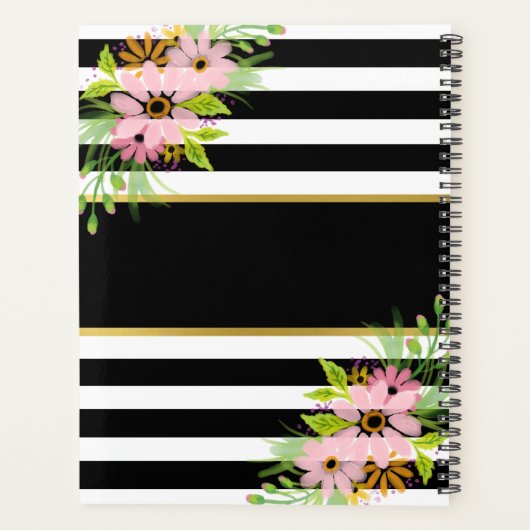 Schwarz-weiß gestreiftes Rosa Blütengold 2026 Planer (Rückseite)