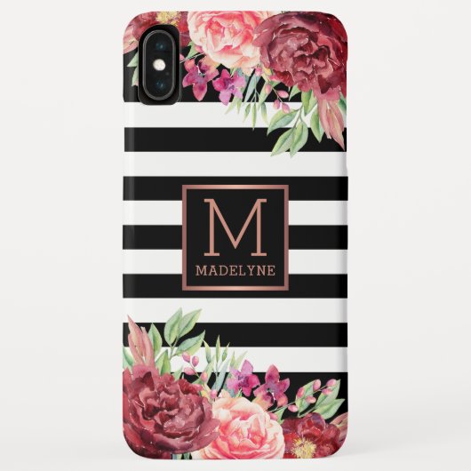 Schwarz-weiß gestrichelte Rose mit Floral Monogram Case-Mate iPhone Hülle (Rückseite)