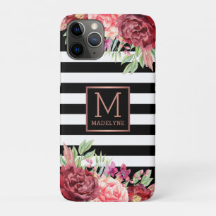 Schwarz-weiß gestrichelte Rose mit Floral Monogram Case-Mate iPhone Hülle