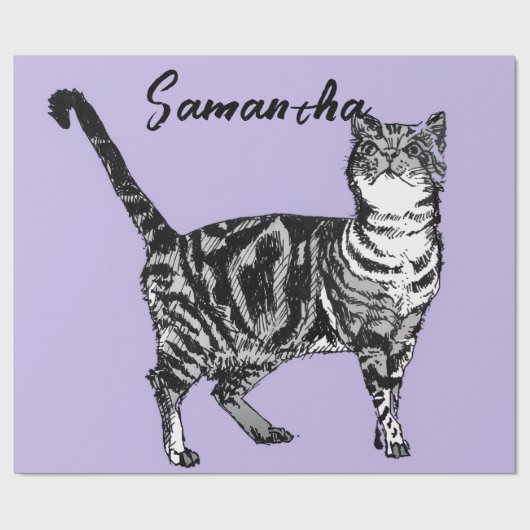 Schwarz-weiß getigerte Katzen Mädchen Name Lila Geschenkpapier (Flach)