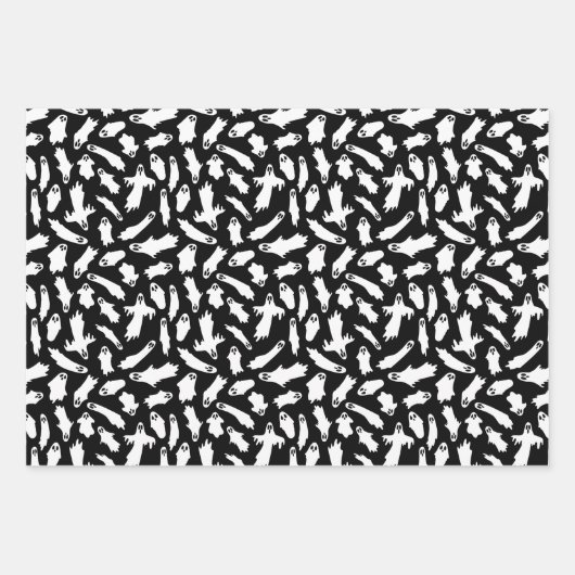 Schwarz-weiß Ghosts Bats Stars Halloween-Muster Geschenkpapier Set (Vorderseite)