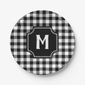 Schwarz-Weiß-Gingham Buffalo-Karo Monogramm Pappteller (Vorderseite)