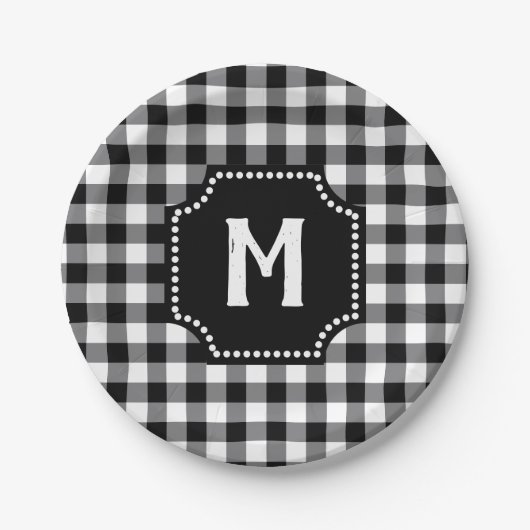 Schwarz-Weiß-Gingham Buffalo-Karo Monogramm Pappteller (Vorderseite)